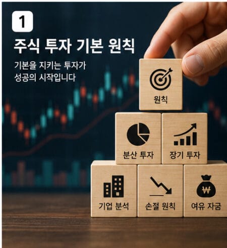 주식 초보가 알아야 할 투자 기본 원칙을 설명하는 이미지로 여유 자금 투자, 분산 투자, 장기 투자의 중요성을 표현한 주식 시작 가이드