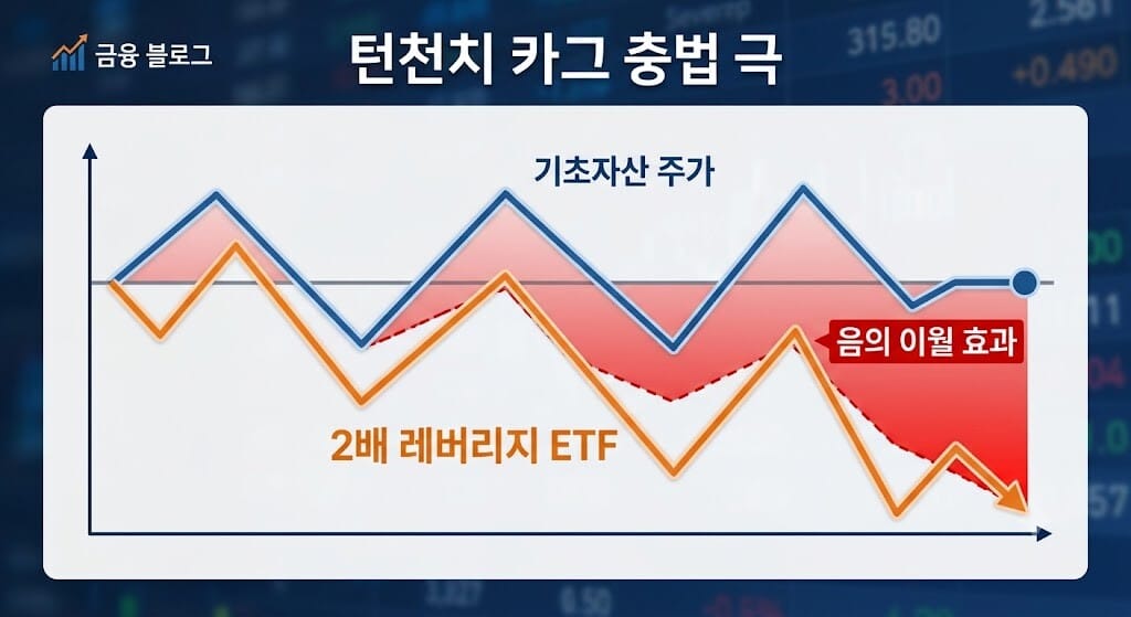 레버리지 ETF 장기 보유 시 음의 이월(Decay) 위험성 기초자산 주가 횡보 시 2배 레버리지 ETF 가치가 음의 이월 효과로 하락하는 시각 차트