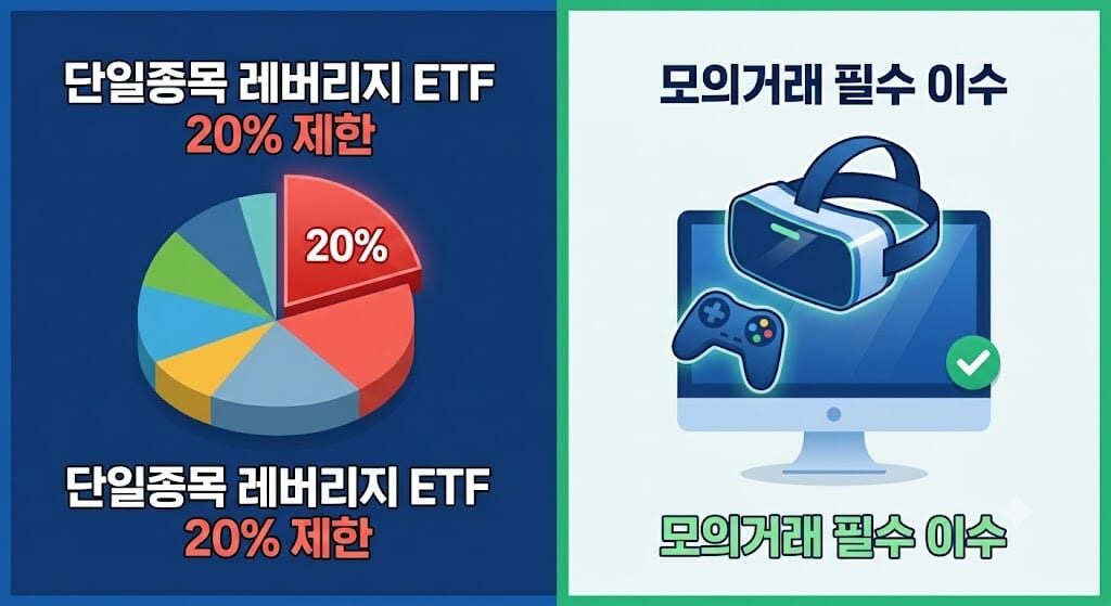 레버리지 ETF 투자 한도 및 교육 의무화 규제 포트폴리오 20% 한도 제한 파이차트와 모의거래 필수 이수 아이콘