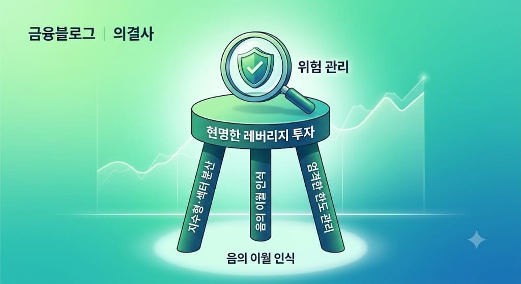 세 가지 대응 전략(분산투자, 음의이월 인식, 한도관리)이 적힌 의자와 위험 관리 돋보기 인포그래픽