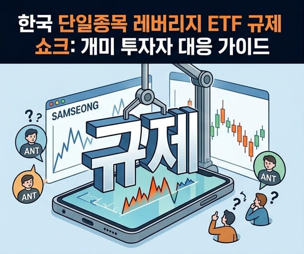 한국 단일종목 레버리지 ETF규제 쇼크에관한 대응 가이드를 표현한 주식차트 이미지와 사람들이 주제에 대해 궁금증을 갖는 일러스트 이미지