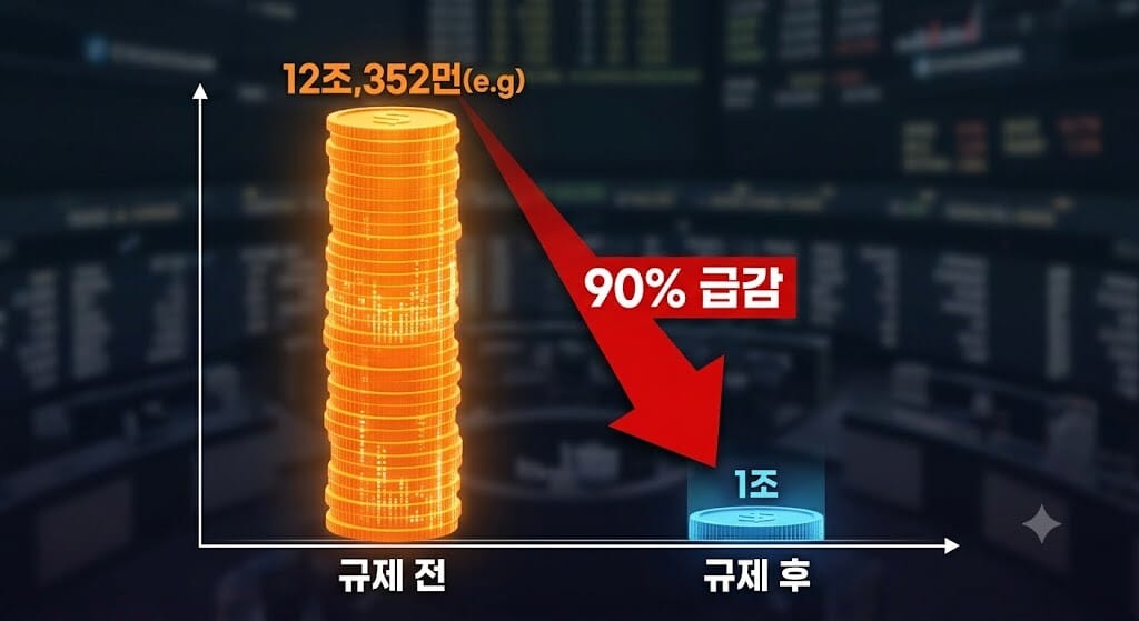레버리지 ETF 규제 직후 거래대금 90% 폭락 규제 전 높은 주황색 거래대금 막대와 규제 후 급감한 파란색 막대 비교 그래프
