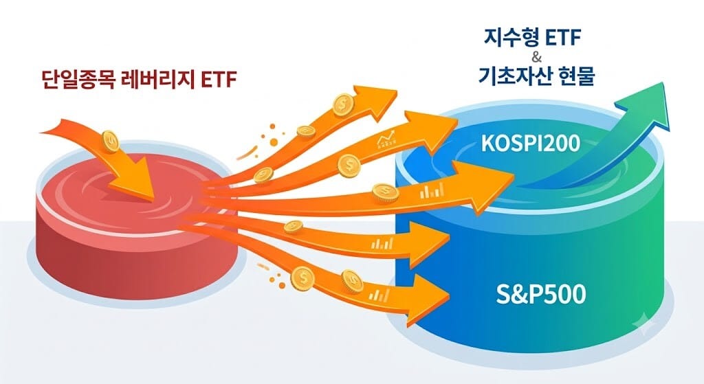 레버리지 규제 이후 KOSPI·S&P500 지수형 ETF로 자금 이동 단일종목 ETF pool에서 지수형 ETF pool로 유입되는 자금 흐름 인포그래픽