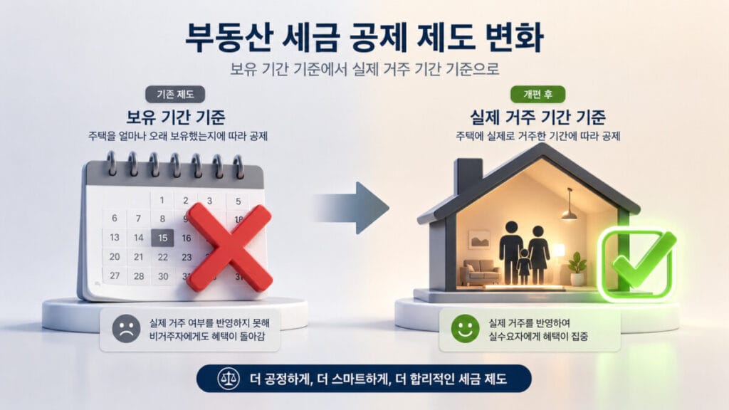 2029년부터 보유 연수 공제가 폐지되고 거주 연수 공제만 남게 되는 장특공 개편 내용 요약 이미지