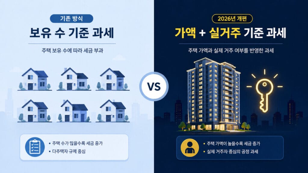 종부세의 기존 수량 중심 과세 방식과 2026년 가액 및 실거주 중심 개편 방식을 비교하는 인포그래픽